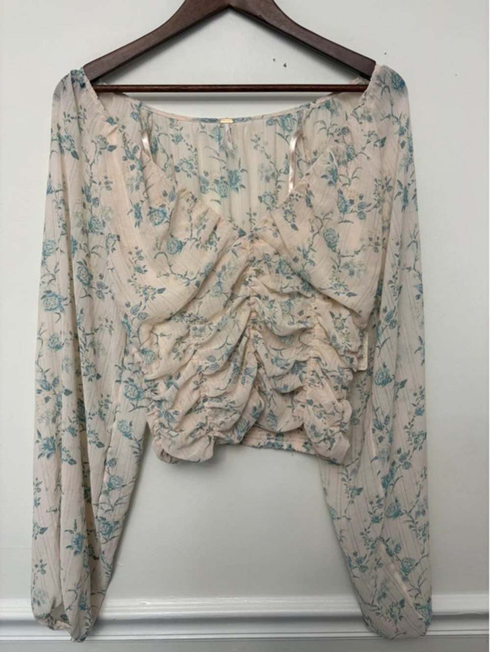 NWT Free People M Blue Floral Ruched Corset Peasant Blouse Cottagecore